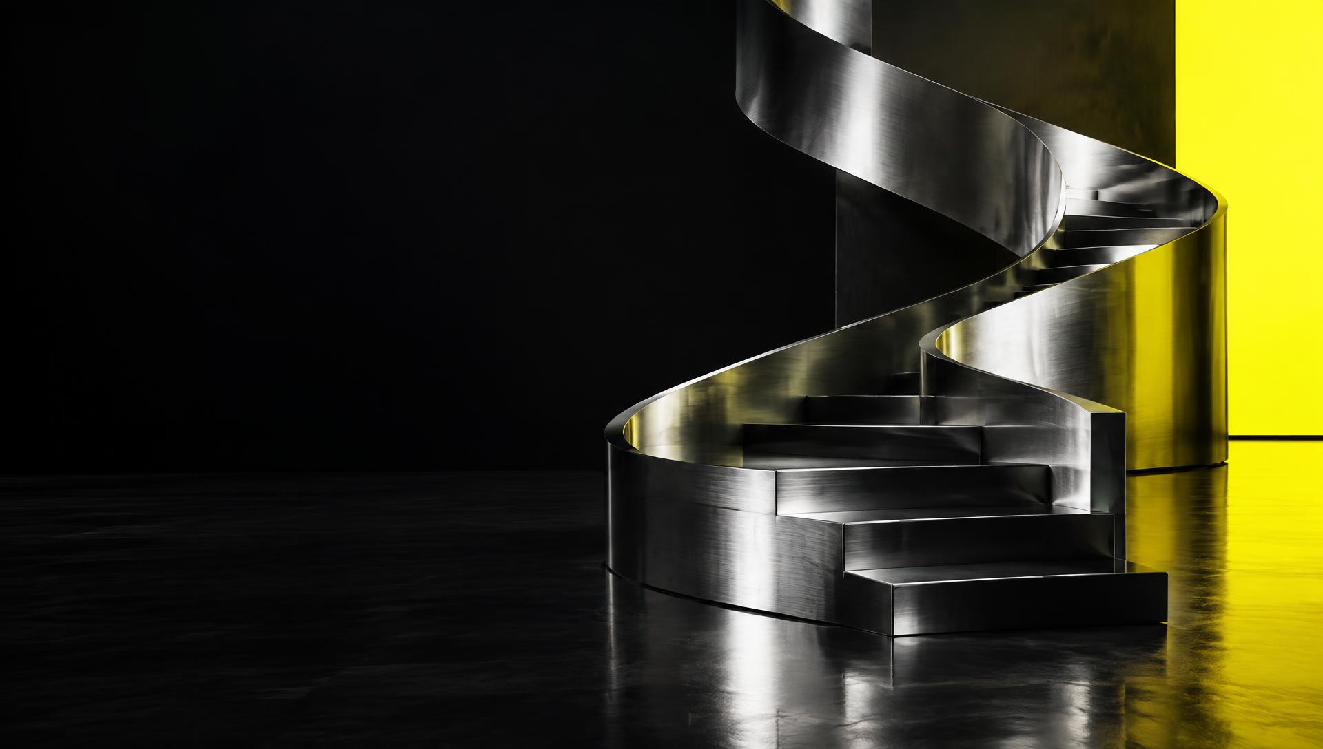 A sculptural chrome staircase rising toward an electric yellow opening